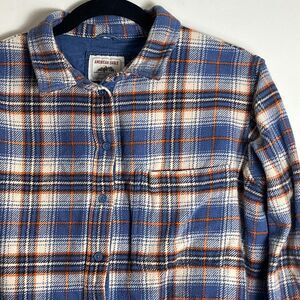 American Eagle Flannel Mens Medium 100% Cotton Orange White Blue Plaid
